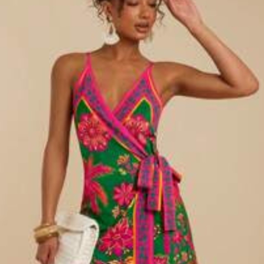 Floral Wrap Dress in Green and Pink